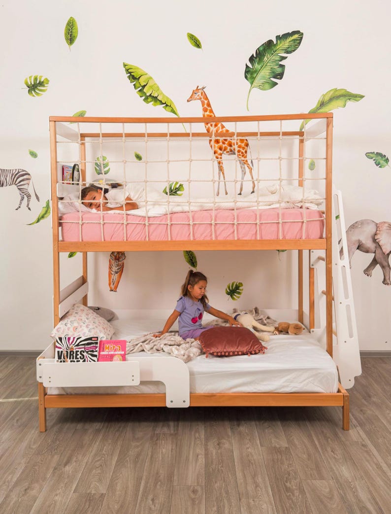 Twin Over Full Kids Bunk Bed, Toddler Bunk Bed, Montessori Twins Bed, Kids Playhouse, Loft Kids Bed with Climbing Net, Kids Furniture image 9