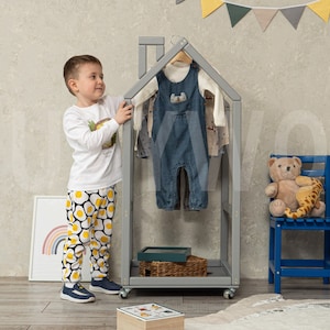 Kid's Clothing Rack, House for Clothes, Toddler Wardrobe, Kids Bedroom, Wooden Closet, Montessori Furniture, Storage, Kids Dresser