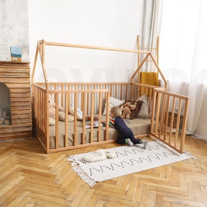 House Playpen Bed with Fall Protection and Slatted Frame by Busywood, Solid Wood Platform Bed image 6