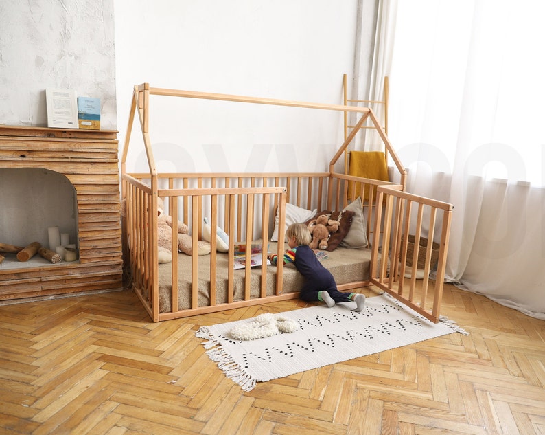 House Playpen Bed with Fall Protection and Slatted Frame by Busywood, Solid Wood Platform Bed image 6