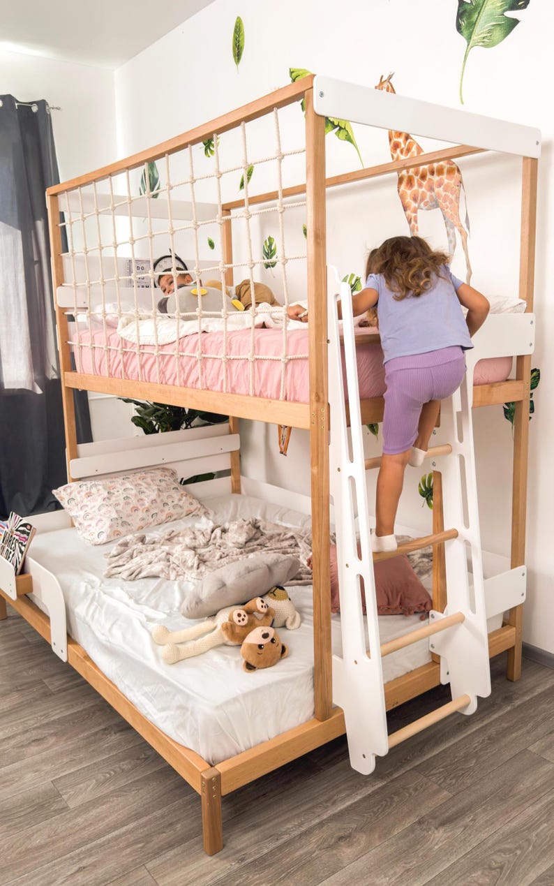 Twin Over Full Kids Bunk Bed, Toddler Bunk Bed, Montessori Twins Bed, Kids Playhouse, Loft Kids Bed with Climbing Net, Kids Furniture image 3