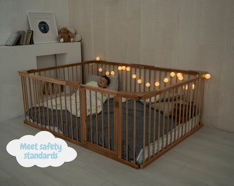 Playpen Bed with Shape Transformation, Montessori Platform Bed, Safe Furniture for Kids