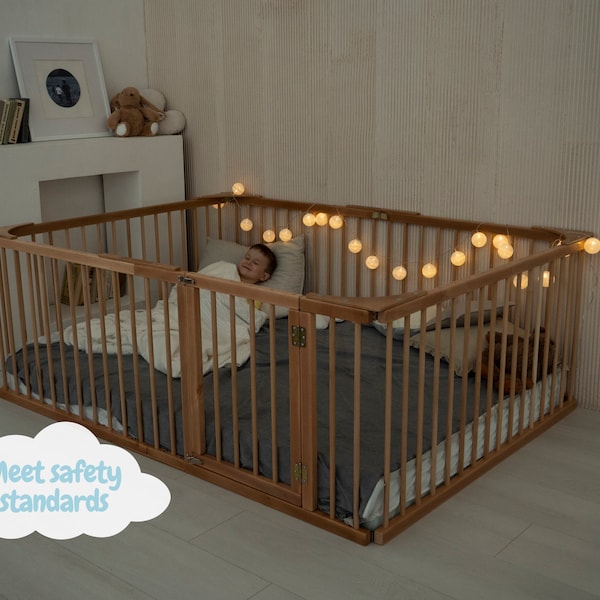 Playpen Bed with Shape Transformation, Montessori Platform Bed, Safe Furniture for Kids