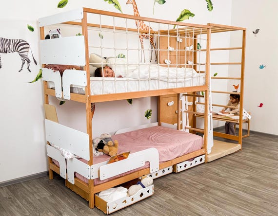 Toddler Twin 75x38 in Gym Bed, Bunk Bed, Montessori Bed, Montessori Furniture, Kids Play Bed, Twin Bed Frame with Drawers, Indoor Playground