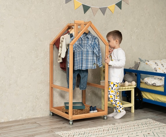 EWART WOODS Armario para niños, perchero de madera para ropa, armario para  niños, almacenamiento de ropa para niños, armario Montessori, muebles de