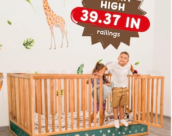 Toddler Safety Bed, Wooden Bed with Extra High Rails and Slatted Base, Kids Floor Bed, Montessori Bed, Wooden Playpen Bed