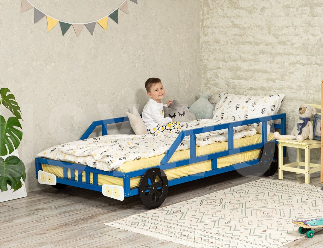 Toddler Bed, Blue Car Bed Frame by Busywood, Unique Bed Frame for Kids