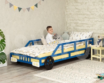 Toddler Bed, Blue Car Bed Frame by Busywood, Unique Bed Frame for Kids, Montessori Furniture