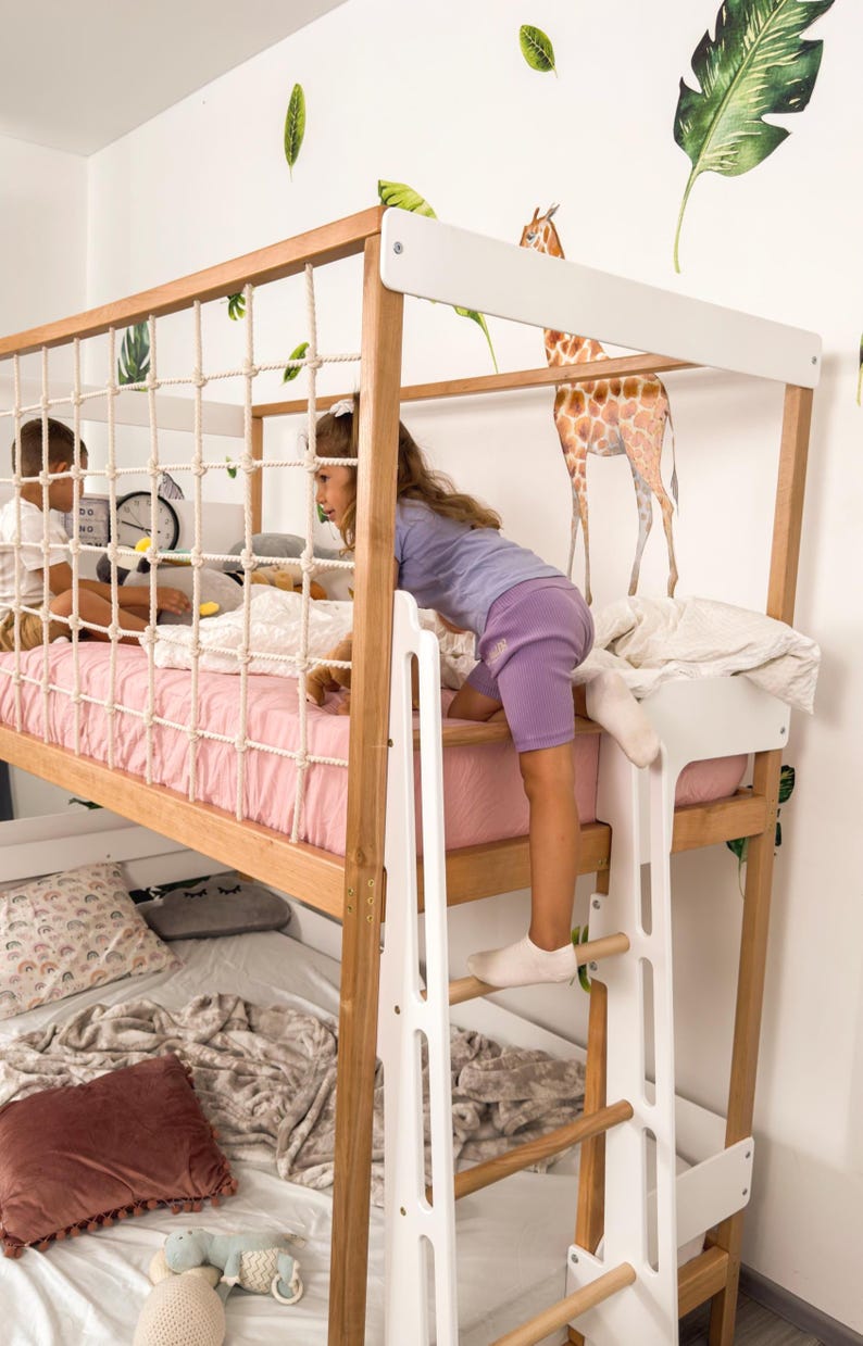 Twin Over Full Kids Bunk Bed, Toddler Bunk Bed, Montessori Twins Bed, Kids Playhouse, Loft Kids Bed with Climbing Net, Kids Furniture image 7