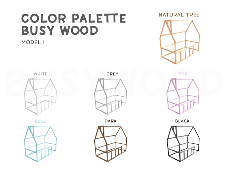 May include: Color palette graphic for Busy Wood Model 1, featuring house-shaped wooden frames in various colors. Colors include white, grey, pink, blue, dark brown, black, and natural wood. Text at the top reads "COLOR PALETTE BUSY WOOD MODEL 1."