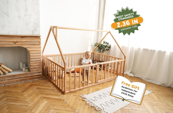 House Playpen Bed for Montessori Toddler by Busywood, Wooden House Bed for Kids, Platform House Bed