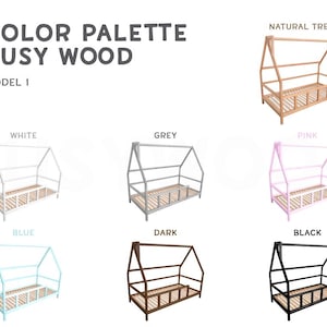 May include: A wooden bed frame in various colors, including natural wood, white, grey, pink, blue, dark brown, and black. The bed frame has a simple, modern design with a slanted roof and a slatted base. The text "COLOR PALETTE BUSY WOOD MODEL I" is at the top of the image.
