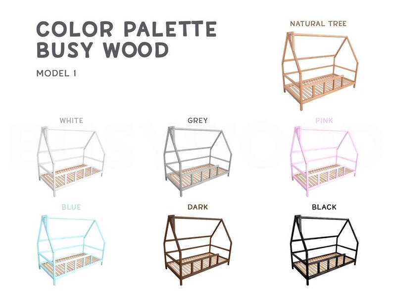 May include: A wooden bed frame in various colors, including natural wood, white, grey, pink, blue, dark brown, and black. The bed frame has a simple, modern design with a slanted roof and a slatted base. The text "COLOR PALETTE BUSY WOOD MODEL I" is at the top of the image.