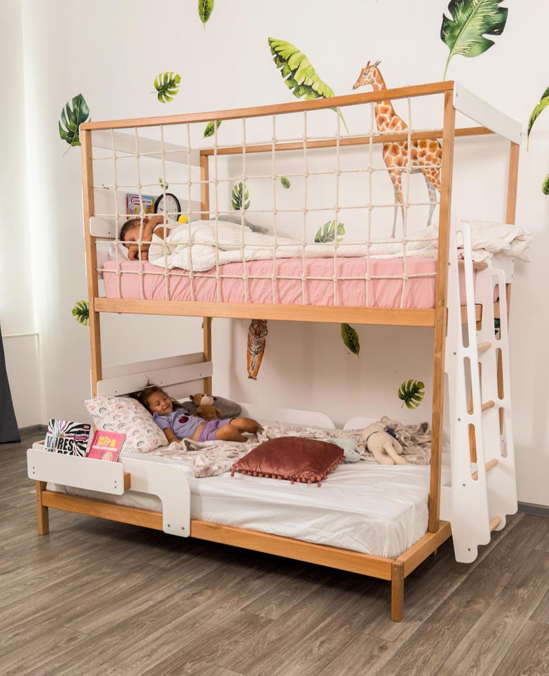 Twin Over Full Kids Bunk Bed, Toddler Bunk Bed, Montessori Twins Bed, Kids Playhouse, Loft Kids Bed with Climbing Net, Kids Furniture image 11