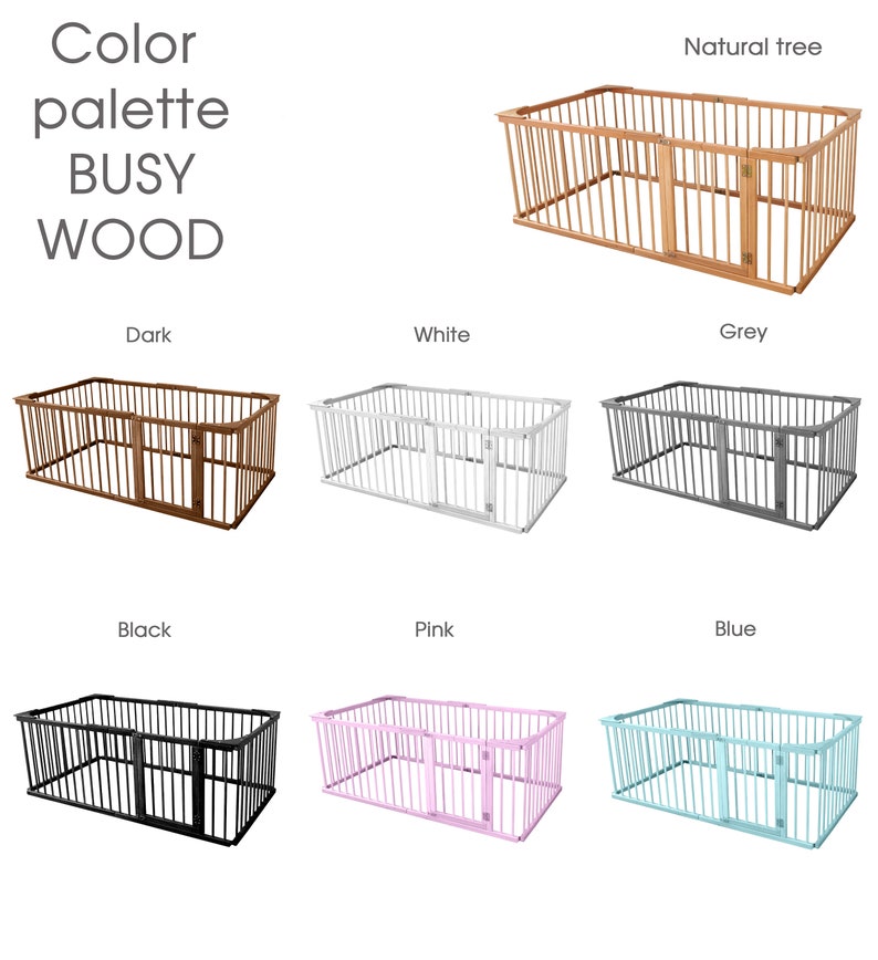 Pu&ograve; includere: Un box per bambini in legno con un cancello in vari colori, tra cui legno naturale, bianco, grigio, nero, rosa e blu. Il box &egrave; progettato per neonati e bambini piccoli.