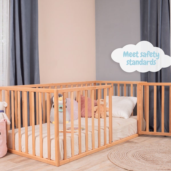 Cama Montessori, cama de piso para niños pequeños, puerta de madera para bebés, cama con protección adicional