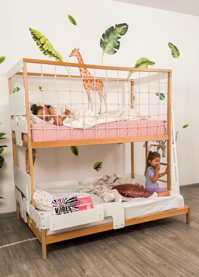 Twin Over Full Kids Bunk Bed, Toddler Bunk Bed, Montessori Twins Bed, Kids Playhouse, Loft Kids Bed with Climbing Net, Kids Furniture image 10