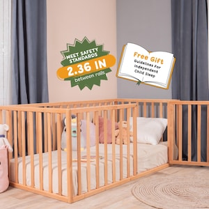 Montessori Bed, Floor Bed for Toddler, Wooden Baby Gate, Bed with Extra Protection