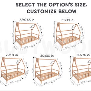 May include: Diagram showing different sizes of wooden bed frames with a canopy. The sizes are 52x27.5 inches, 75x38 inches, 75x54 inches, 80x60 inches, and 80x76 inches.