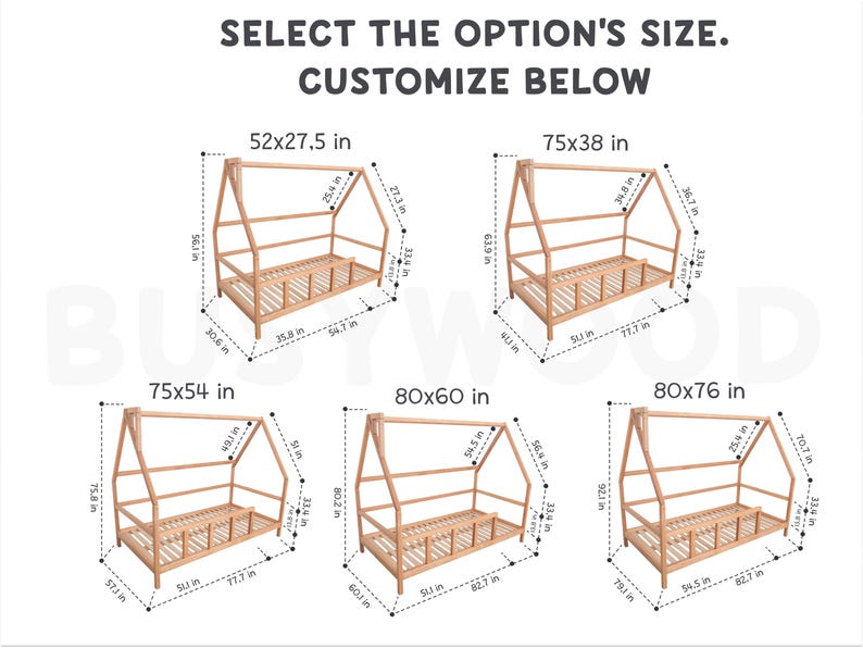May include: Diagram showing different sizes of wooden bed frames with a canopy. The sizes are 52x27.5 inches, 75x38 inches, 75x54 inches, 80x60 inches, and 80x76 inches.