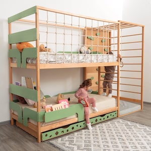 Toddler Twin 75x38 in Gym Bed, Bunk Bed, Montessori Bed, Montessori Furniture, Kids Play Bed, Twin Bed Frame with Drawers, Indoor Playground