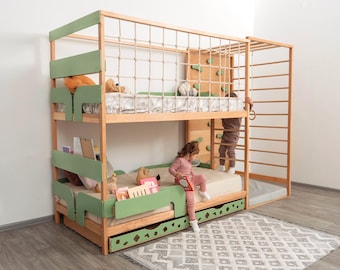 Toddler Twin 75x38 in Gym Bed, Bunk Bed, Montessori Bed, Montessori Furniture, Kids Play Bed, Twin Bed Frame with Drawers, Indoor Playground