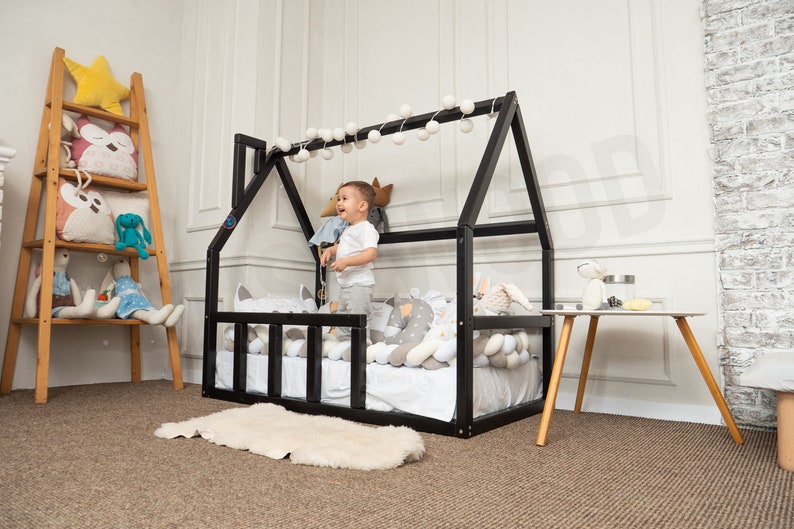 Unique House Bed, Bed for Toddler, Bed Frame, Montessori Furniture, Kids Bedroom, Baby Play Gym, Toddler Climber, Low Platform Bed image 6