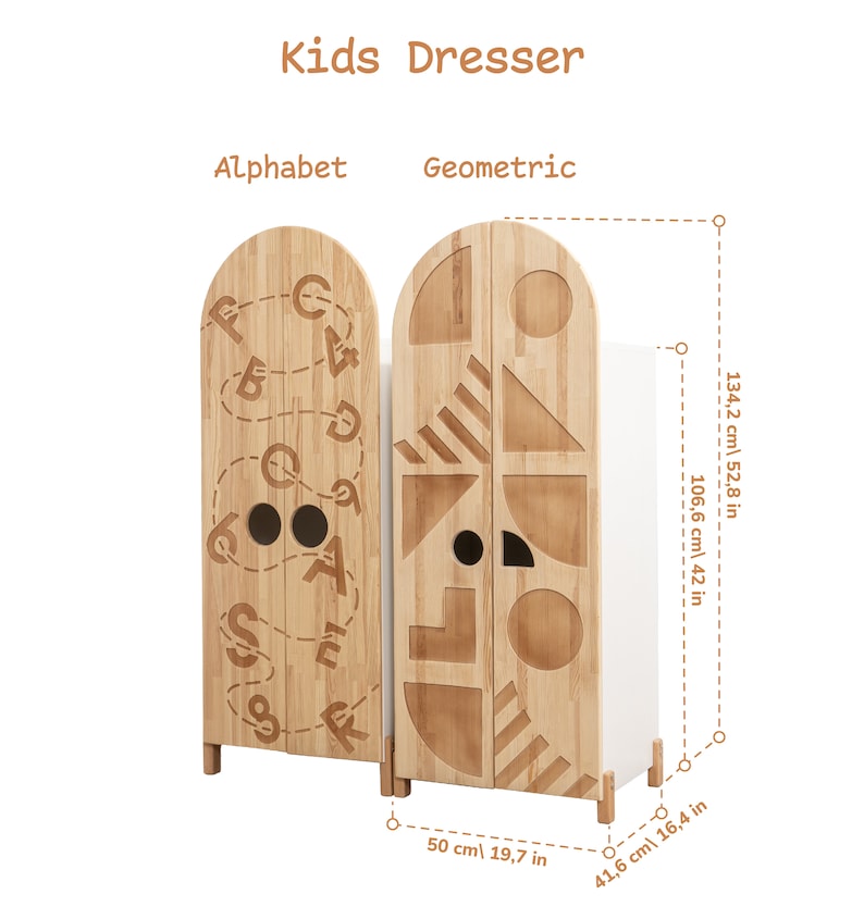 May include: A wooden kids dresser with two doors. One door features a geometric design and the other door features an alphabet design. The dresser is 52.8 inches tall, 42 inches wide, and 19.7 inches deep.