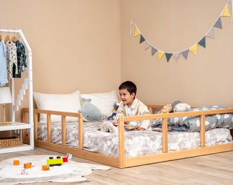 Toddler Floor Bed with Slats, Montessori Bed Frame, Loft Bed for Kids, Wood Platform Bed, Montessori Furniture, Kids Bed with Rails