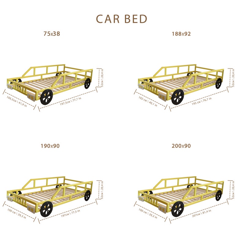 K&ouml;nnte beinhalten: Vier gelbe Holz-Autobetten in verschiedenen Gr&ouml;&szlig;en. Die Betten sind 75x38 cm, 188x92 cm, 190x90 cm und 200x90 cm gro&szlig;. Jedes Bett hat einen Lattenrost und vier schwarze R&auml;der.