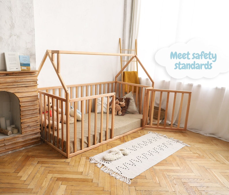 House Playpen Bed with Fall Protection and Slatted Frame by Busywood, Solid Wood Platform Bed image 1
