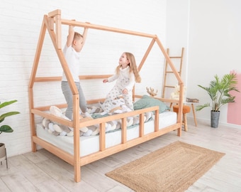 Kids Bed, Toddler Bed with Legs, Montessori Bed, Canopy Bed, Wooden House Bed with Railings, Bed Frame, Nursery Furniture, Loft Bed Frame