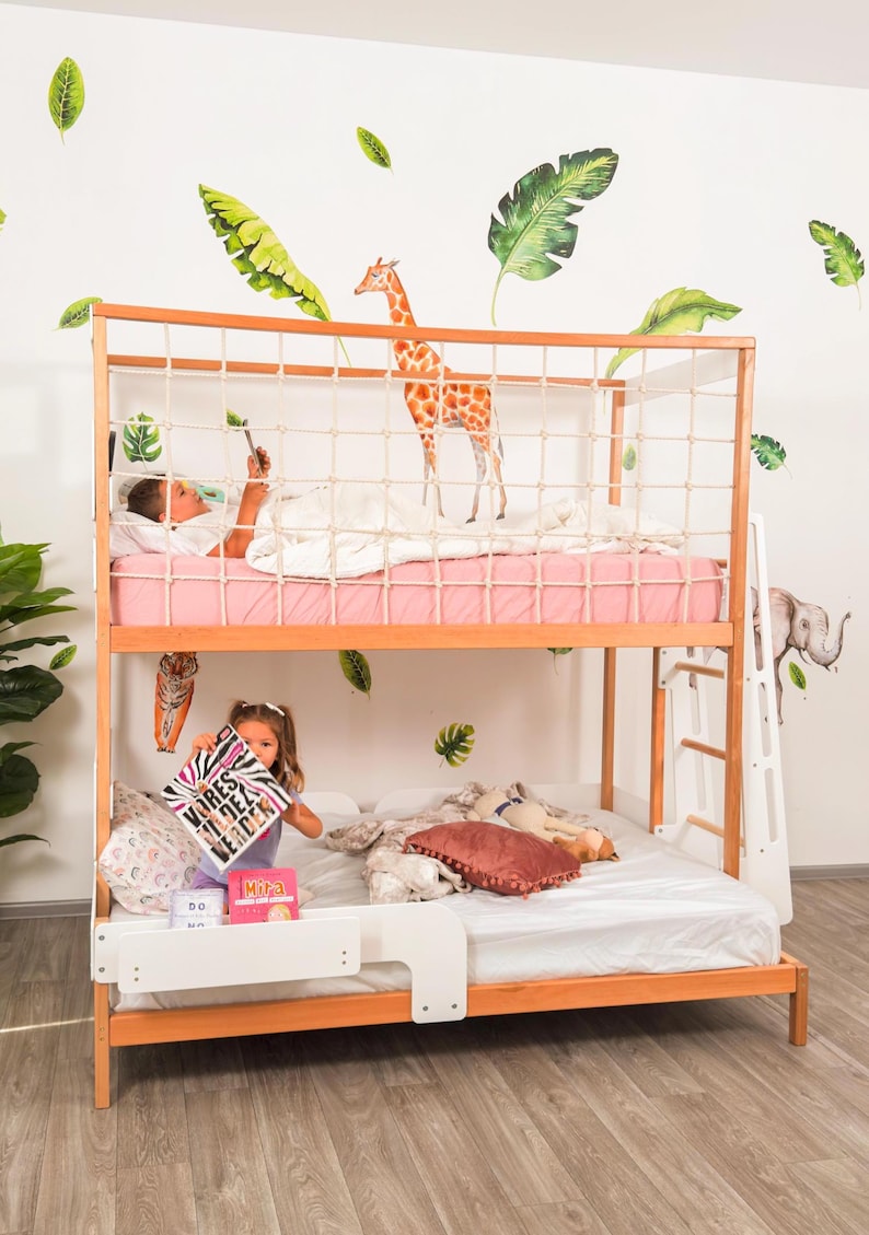 Twin Over Full Kids Bunk Bed, Toddler Bunk Bed, Montessori Twins Bed, Kids Playhouse, Loft Kids Bed with Climbing Net, Kids Furniture image 6