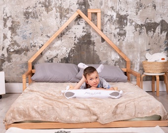 Montessori Wooden Floor Bed, Low Platform Bed, Toddler Bed, Bedroom Decor, Bed Frame, Bed with Headboard, Loft Bed, Montessori Furniture