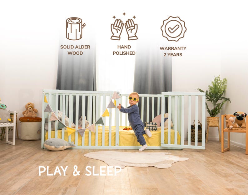 Peuterbed, montessori-vloerbed, houten platformbed, laag profiel bedframe, kinderbed, decoratie kinderkamer, kindermeubels afbeelding 10