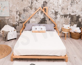 Montessori Bed with Slats, Nursery Bed, Full Bed, Queen Size Bed, Kids Bedroom, Headboard Bed, Wooden Bed Frame, Loft Bed, Low Profile Bed