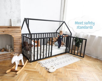 House Playpen Bed with Fall Protection by Busywood, Platform Toddler Bed, Solid Wood Platform Bed
