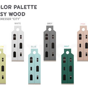 Op de afbeelding: Kleurenpalet voor een kinderkast genaamd "City" uit de Busy Wood collectie. De kast is verkrijgbaar in wit, grijs, roze, geel, blauw, mint.