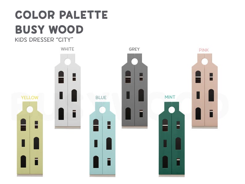 Op de afbeelding: Kleurenpalet voor een kinderkast genaamd "City" uit de Busy Wood collectie. De kast is verkrijgbaar in wit, grijs, roze, geel, blauw, mint.