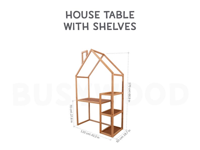 May include: A wooden house-shaped table with shelves. The table is 66.9 inches tall, 43.3 inches wide, and 19.7 inches deep.  HOUSE TABLE WITH SHELVES