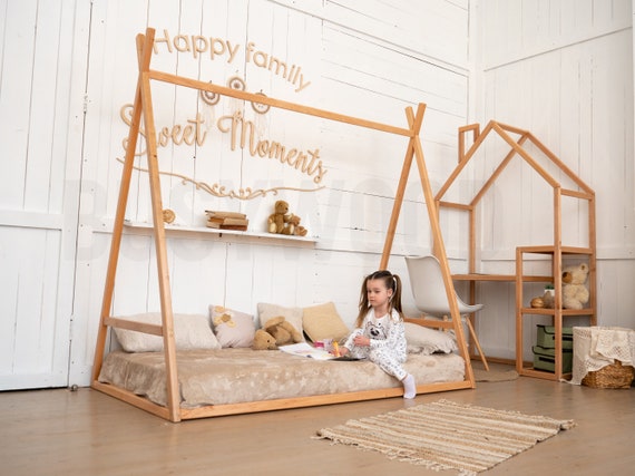 Cama Infantil Tipo Montessori, Casita Madera Natural para niño y