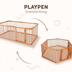 Pu&ograve; includere: Un box per bambini in legno con un cancello che pu&ograve; essere trasformato in una forma esagonale. Il box &egrave; realizzato in legno naturale e ha una finitura marrone chiaro.