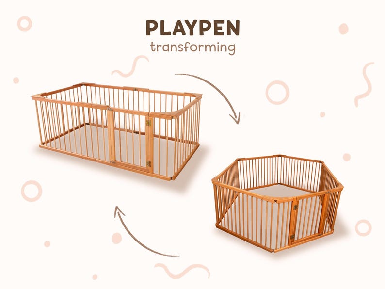 Pu&ograve; includere: Un box per bambini in legno con un cancello che pu&ograve; essere trasformato in una forma esagonale. Il box &egrave; realizzato in legno naturale e ha una finitura marrone chiaro.