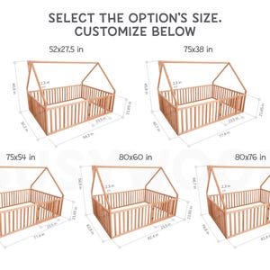 May include: Wooden playpen with a house-shaped frame, available in multiple sizes. The image shows various dimensions in inches, including 52x27.5 in, 75x38 in, 75x54 in, 80x60 in, and 80x76 in. Text reads: SELECT THE OPTION'S SIZE. CUSTOMIZE BELOW.