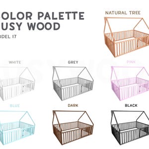 May include: Color palette of Busy Wood Model 17 playpens in various colors: natural tree, white, grey, pink, blue, dark, and black. Each playpen has a house-shaped frame and vertical bars.