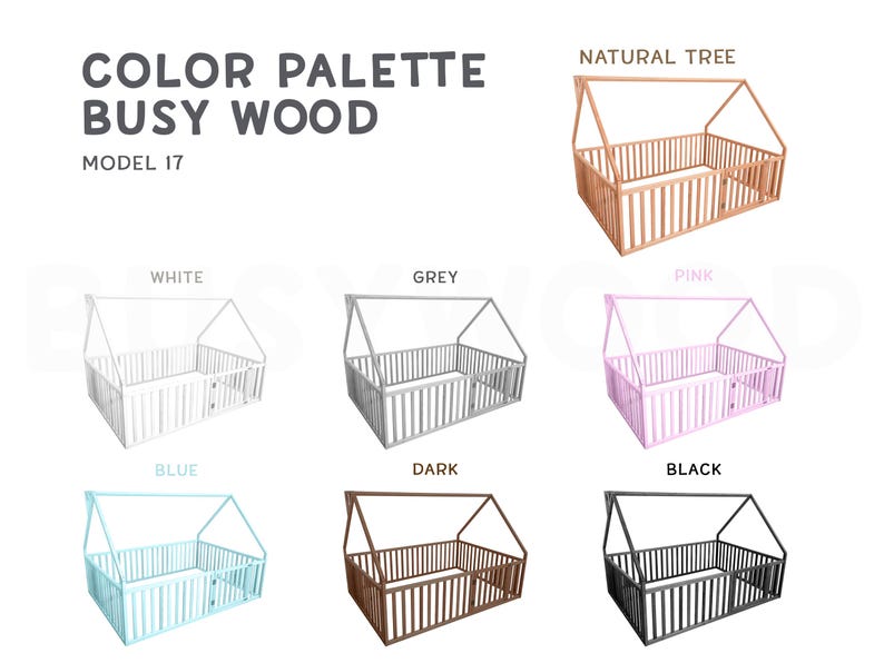 May include: Color palette of Busy Wood Model 17 playpens in various colors: natural tree, white, grey, pink, blue, dark, and black. Each playpen has a house-shaped frame and vertical bars.