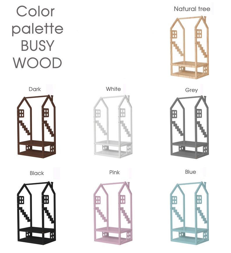 Może przedstawiać: Paleta kolor&oacute;w regał&oacute;w w kształcie domku Busy Wood w r&oacute;żnych kolorach: naturalne drewno, ciemnobrązowy, biały, szary, czarny, r&oacute;żowy i niebieski. Każdy regał ma konstrukcję schodkową i dwie p&oacute;łki.