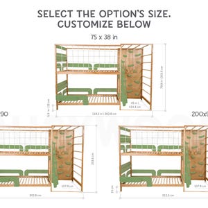 Pu&ograve; includere: Letto a castello in legno con dettagli verdi e parete da arrampicata. L'immagine mostra tre opzioni di dimensioni: 75 x 38 pollici, 190x90 cm e 200x90 cm. Il testo recita: "SELECT THE OPTION'S SIZE. CUSTOMIZE BELOW."