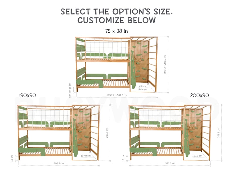 Pu&ograve; includere: Letto a castello in legno con dettagli verdi e parete da arrampicata. L'immagine mostra tre opzioni di dimensioni: 75 x 38 pollici, 190x90 cm e 200x90 cm. Il testo recita: "SELECT THE OPTION'S SIZE. CUSTOMIZE BELOW."