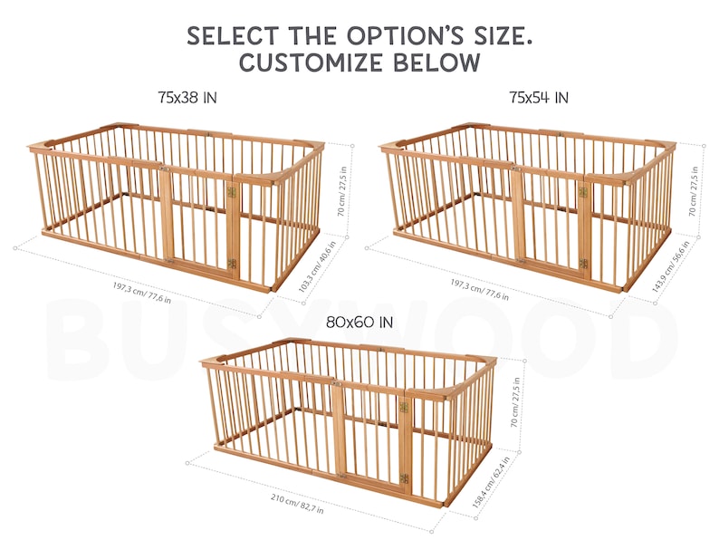 Pu&ograve; includere: Tre diverse dimensioni di box per bambini in legno con misure in pollici e centimetri. I box sono realizzati in legno naturale e hanno una forma rettangolare. I box sono progettati per neonati e bambini piccoli.